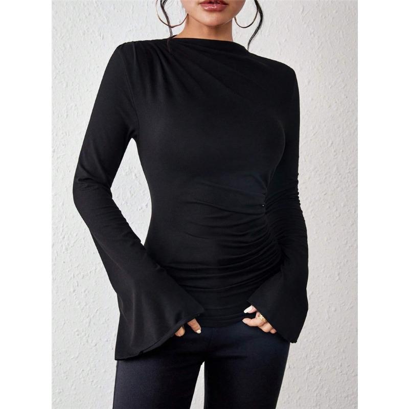 Herbst Neues Vielseitiges Raffdesign Glockenärmel Stehkragen Schlanke Passform Damen-T-Shirt
