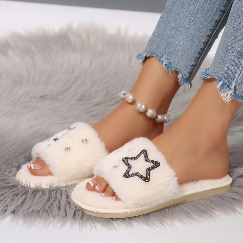 Fashion Punk Glitter Star Decoration Cotton Slides Women 2025 Winter Warm Short Plush Flat Heel Slippers Comfort Soft Indoor Slipper