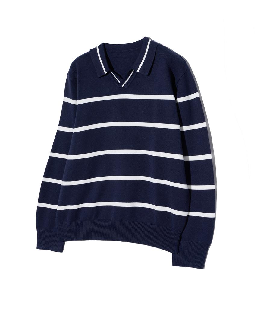 IRONYPORNO WHITELINE 86-Iroj365 Open-Neck Striped Long-Sleeve Knit Blue