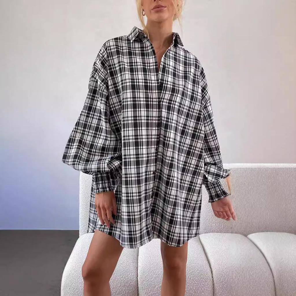 Women Spring Autumn Temperament Large Lapel Collar Plaid Shirt Loose Blouses Long Lantern Sleeve Cardigan S-XL