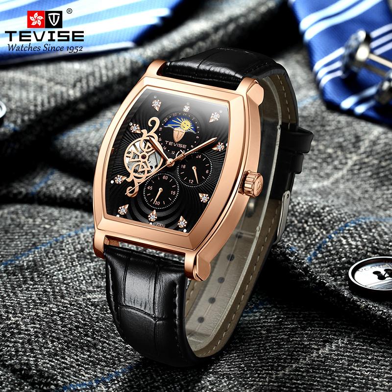 Fashion Top Brand Men's Mechanical Watch Tevise 8383c Business Waterproof Automatic Carved Hollow Window Moon Phase Zircon