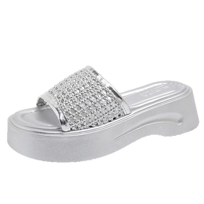 Thick-soled Heightening Word with Slippers Women's Summer Wear Rhinestone Muffin Shoes 2025 Slope Heel Fashion Sandals Women's Shoes