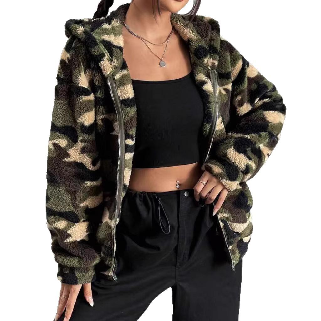 European & American Double-sided Camouflage Plush Zipper Hooded Women's Autumn/Winter Cardigan Coat