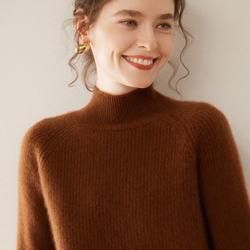 Women's Cashmere Raglan Sleeve Half-High Neck Sweater - Thickened Garter Stitch Knitwear, Versatile and Casual