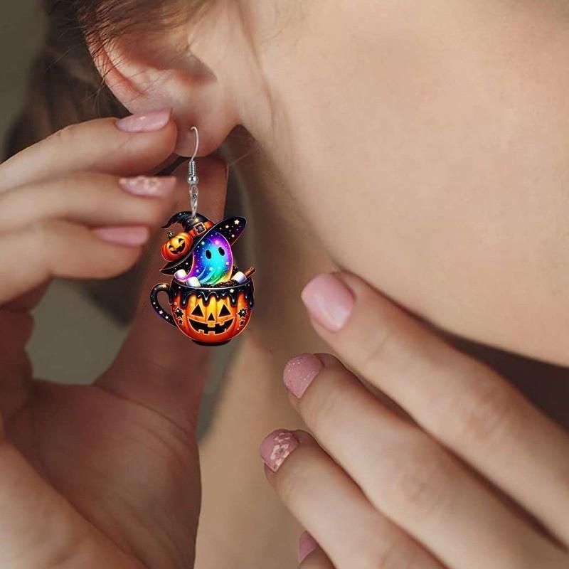 Colorful Themed Halloween Cartoon Ghost Pumpkin Pattern Women Earrings Acrylic