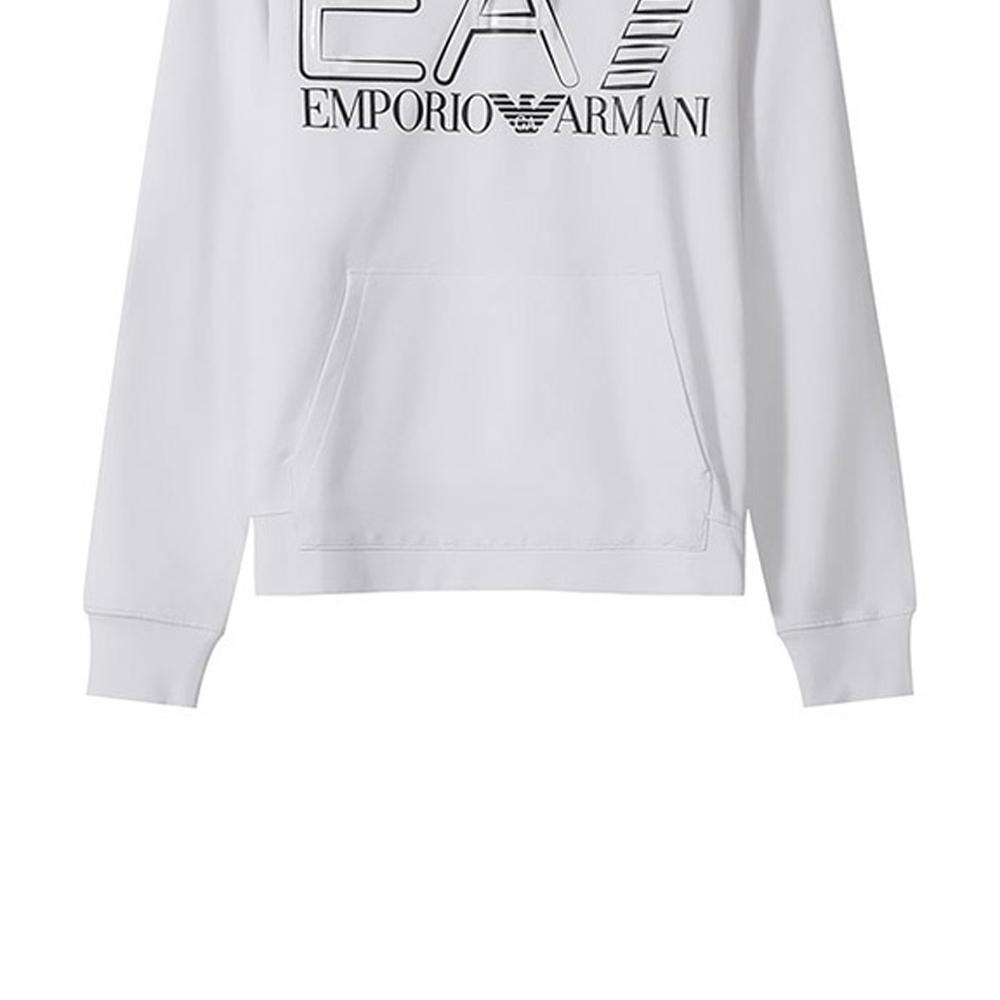 Emporio Armani EA7 SS22 Kapuzen-Sweatshirt mit Buchstaben- und Ziffern-Logo-Print, Lässiges Langarm-Sweatshirt für Herren, Weiß 3LPM45-PJFGZ-1100