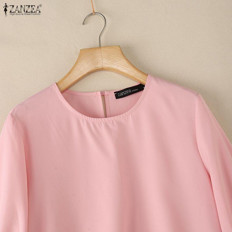 ZANZEA Women Casual Round Neck Solid Color 3/4 Sleeve Loose Blouse