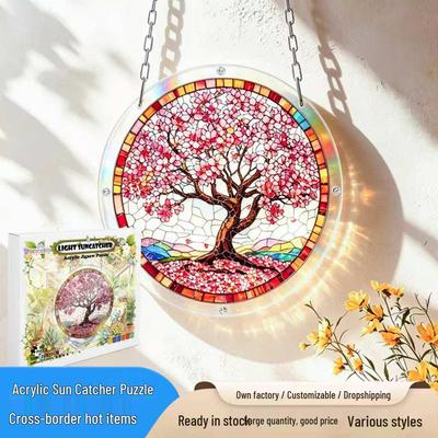 Hot-Selling Round Painted Happiness Tree Acrylic Sun Catcher Puzzle