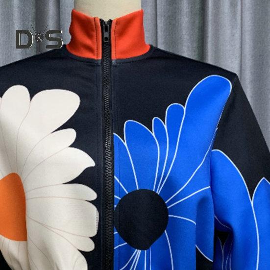 Giacca da donna con colletto alto, stampa a pois abbinata, chiusura con cerniera, corta, ampia, a maniche lunghe, cardigan casual da donna