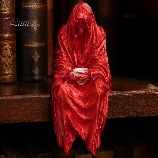 Gothic Home Decor 3D Printed Tabletop Figurine, Grim Reaper Sitting Statue, Halloween Table Ornaments Spooky Sculpture for Garden or Bookshelf,