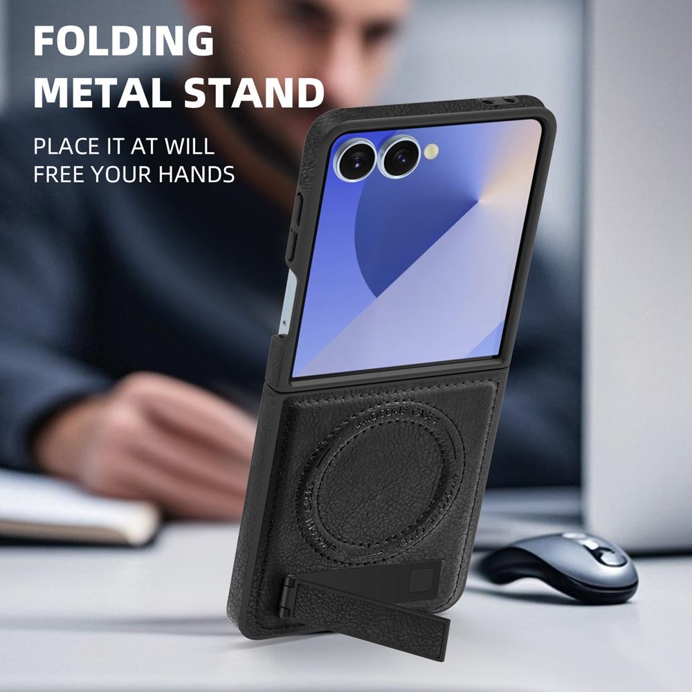 KEYSION Luxus PU Leder Magnetische Hülle für MagSafe für Samsung Galaxy Z Flip 7 5G 7 SE Ständer Kabelloses Laden Handyhülle