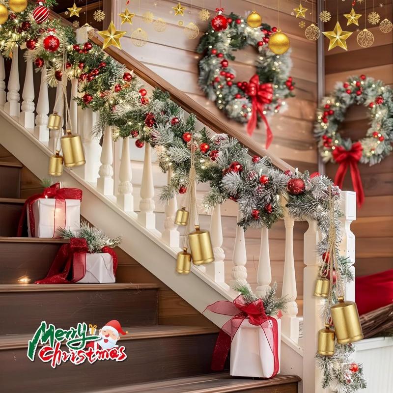 Christmas Cow Bell Metal Brass Bell with Jute Hanging Rope Home Party Xmas Decor