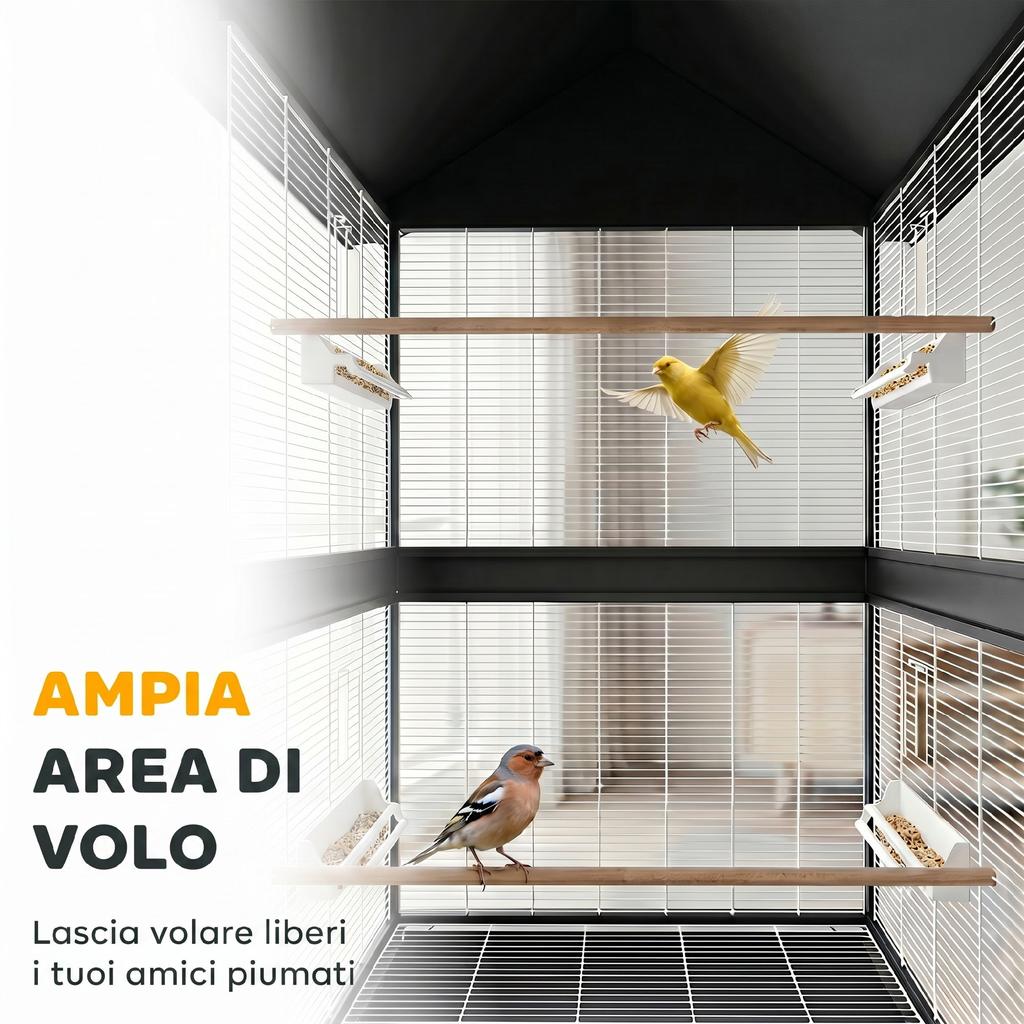 Large Bird Cage with Wheels, Removable Tray, Perches, Roof, Parrots, Canaries, Black