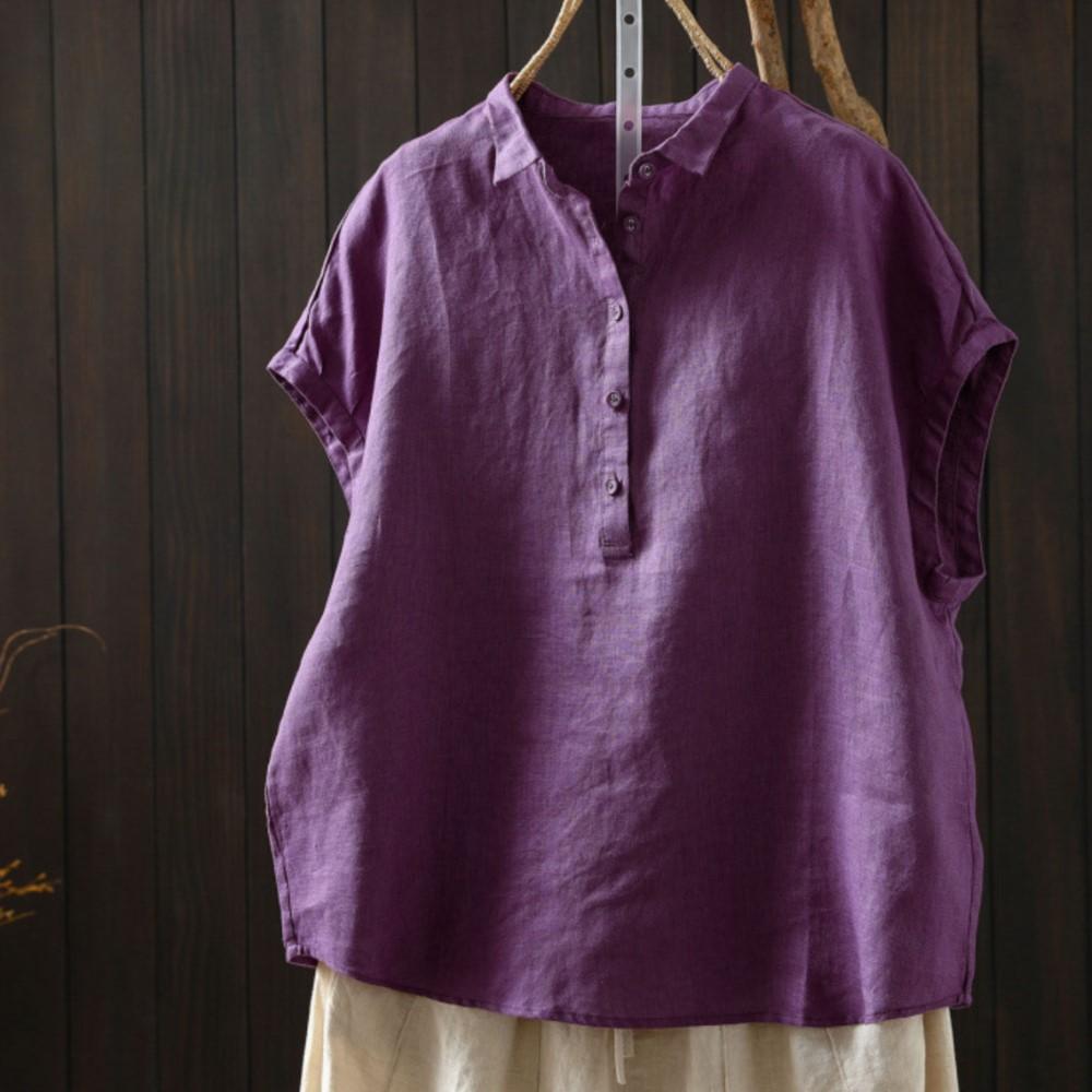 Johnature Women Vintage Shirts Summer Chinese Style Solid Color Sleeveless Turn-down Collar Button Casual Shirts