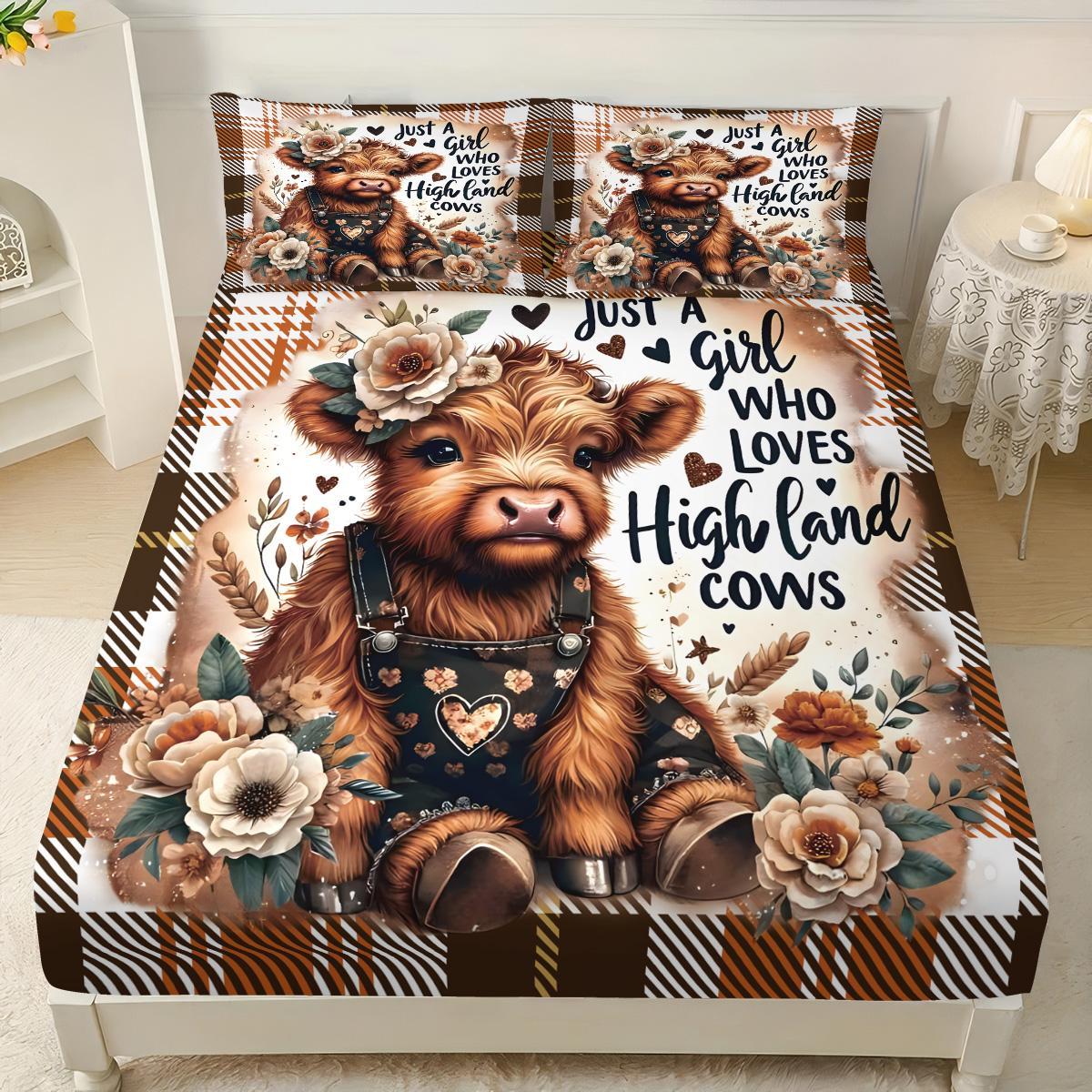 

3pcs Cartoon Highland Cow Print Coreless Bed Sheet Set Multi Size Bedcover Bedroom Dormitory Bedding Decoration Machine Washable 90x191cm
