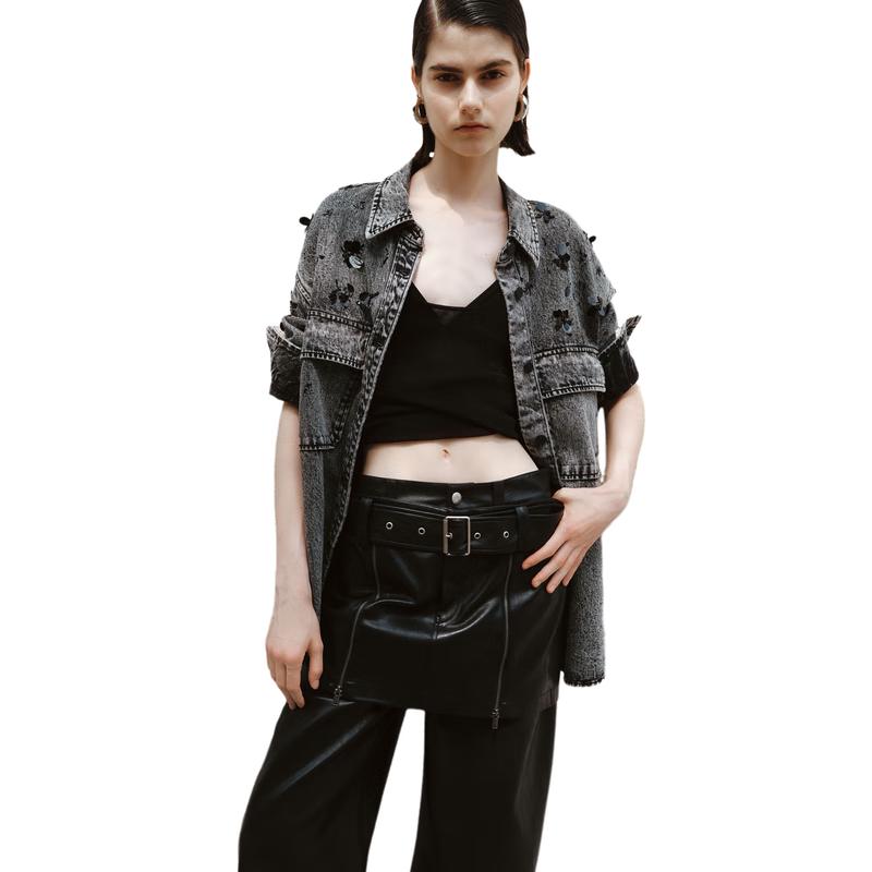 

MO&Co. Hand-Beaded Mirror Denim Jacket Shirt M 165