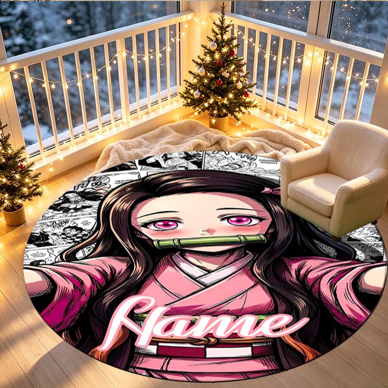 Custom Name Personalized Demon Slayer Print Round Rug, Versatile Home Decor Carpet, for Playroom, Apartment, Balcony, Entryway, Hallway Gift