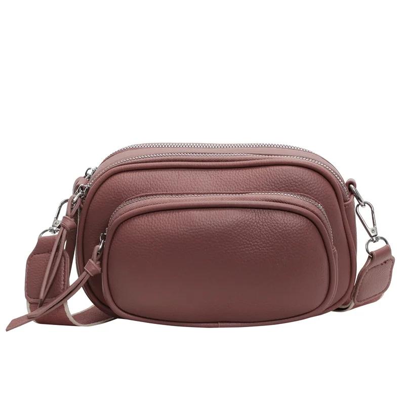 Fashionable Multi-layer Small Round Bag Versatile Soft Leather Shoulder Bag Version Wide Shoulder Strap Messenger Bag