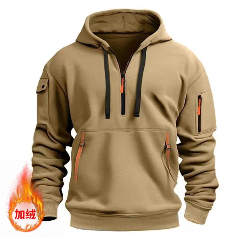 Autumn Winter Pullover Men's Casual Multi Zipper Arm Pocket Hoodie Pullover Plus Fleece Hoodie Men's