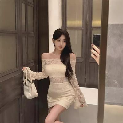 Autumn Women's Off-Shoulder Dress with Trumpet Sleeves and Hollow Lace Hip Skirt