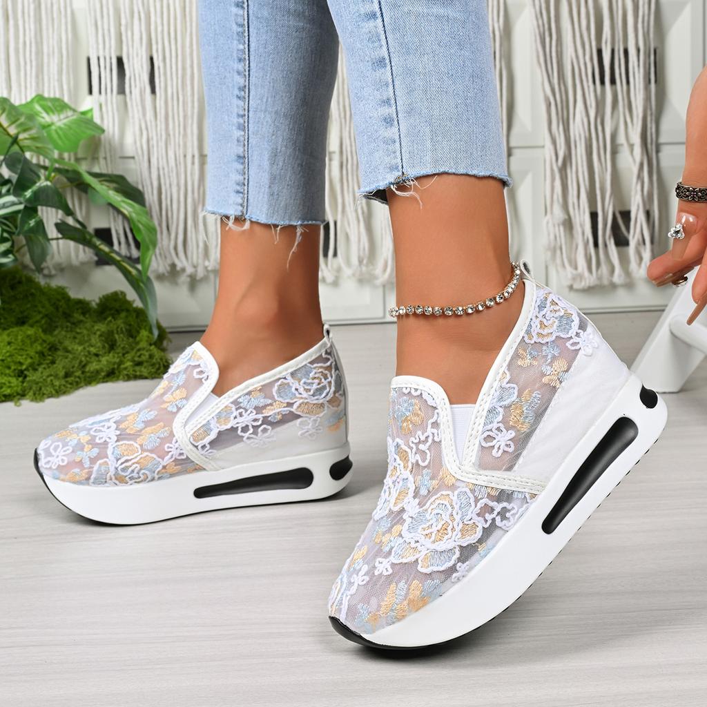 Fashion Women's Low-cut Shoes 2025 Spring and Summer Fashion Floral Pattern Mesh Breathable Comfortable Platform Sneakers Tenis De Mujer