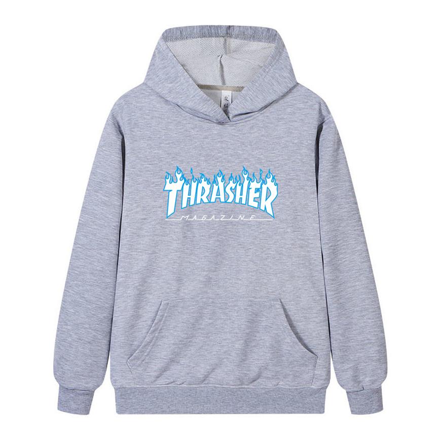 W02-2 Moletom com Capuz Unissex Thrasher Estampa de Chama Masculino Casual Solto Manga Longa Streetwear Pulôver