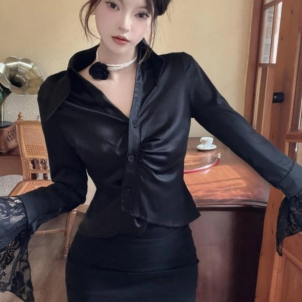 V-neck Lace Long Sleeve Shirts Lace Clothing Sleeves Slim Buttons Shirts  Girls Gift