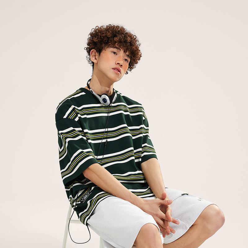 Li-Ning Weekend Youth Simple Versatile Striped Drop Shoulder Round Neck Cotton Short Sleeve T-Shirt Unisex Tops Retro-Green AHSU655-3