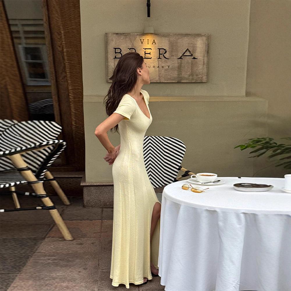 Slim-fit short-sleeved knitted pleated long dress solid color temperament V-neck knitted split-ended dress