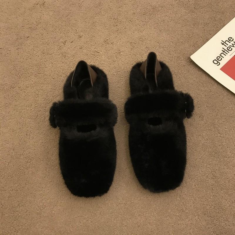 Pantofi plat de iarnă cu blană la modă, pantofi casual Mary Jane călduroși cu pluș pentru femei, pantofi cu vârf rotund pentru exterior