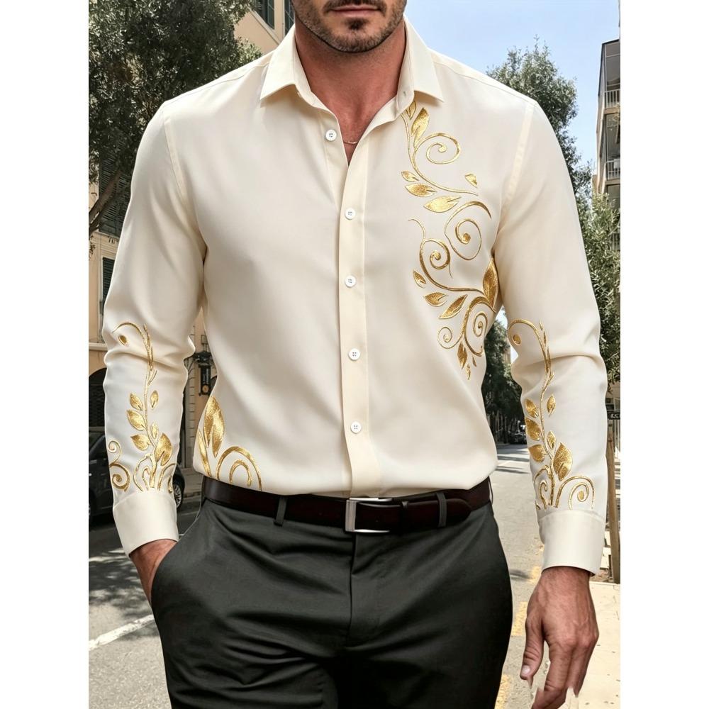 Men's European Style Rolled Grass Printed Long Sleeved Shirt, Lapel Cardigan Shirt, Business Light Luxury Casual Top