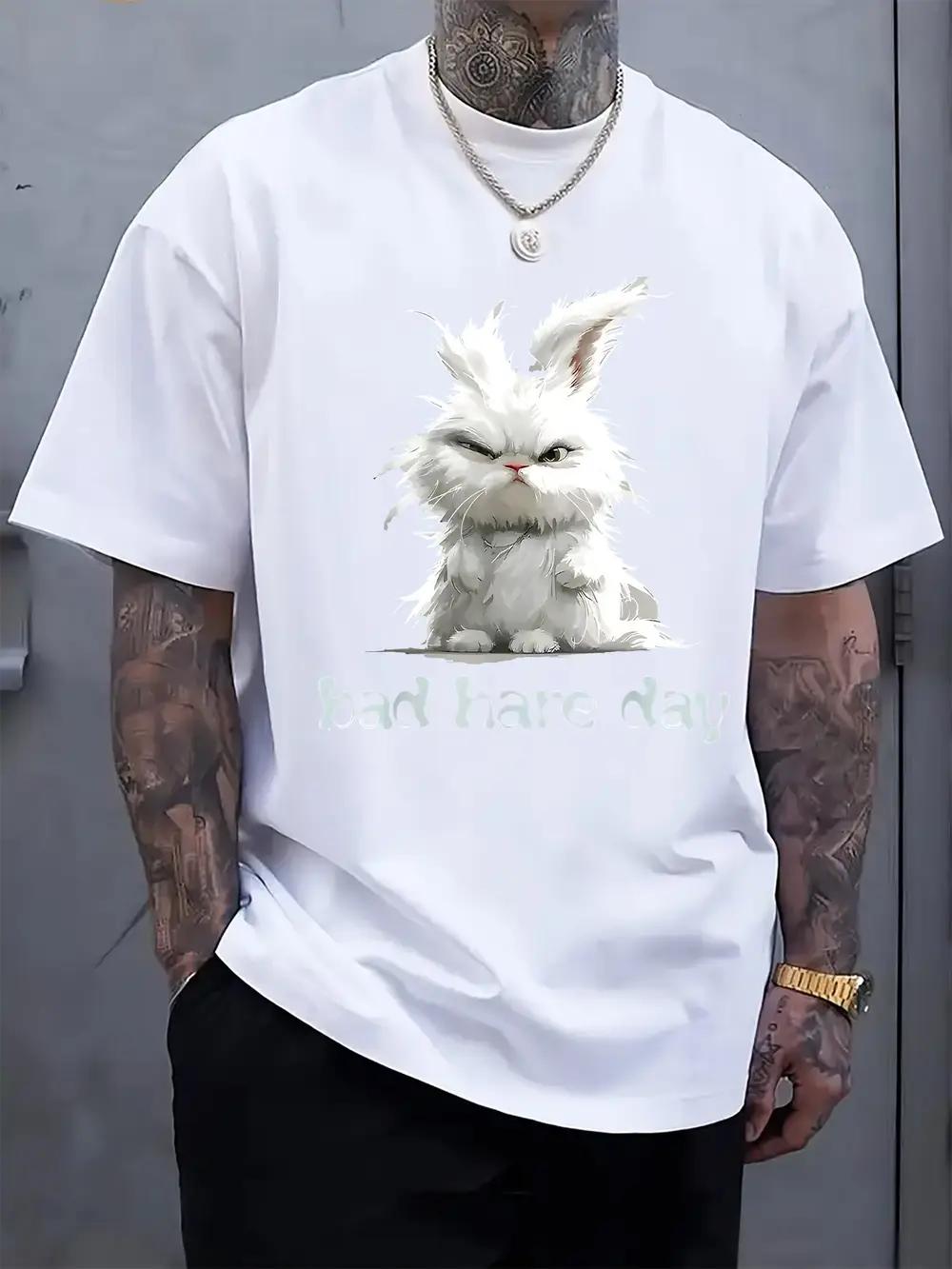 Casual Bad Hair Day Graphic T-shirt - Black with White Rabbit Print XXL
