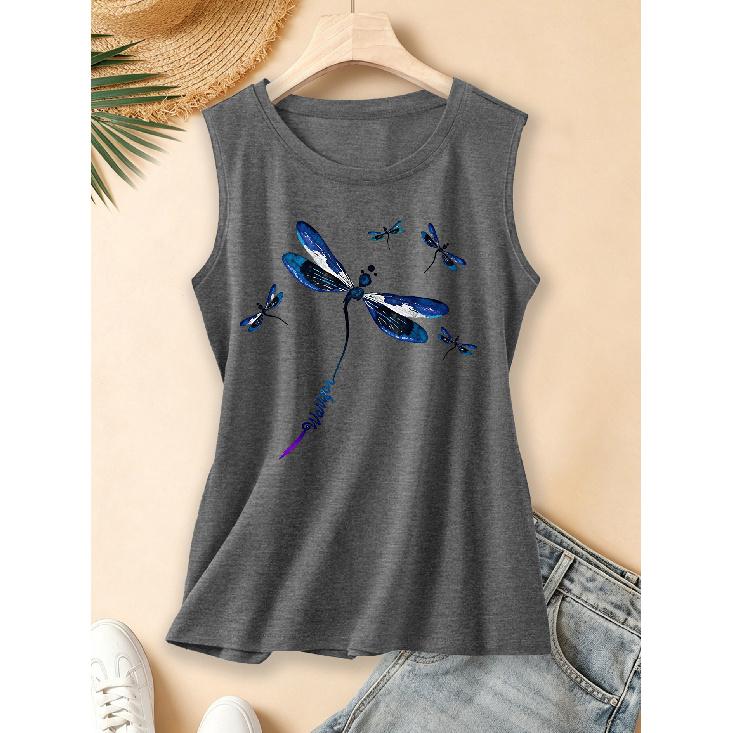 2026 New spring, summer, and autumn women's round-neck design Gradient blue and purple ink painting with multiple dragonflies, sleeveless vest for