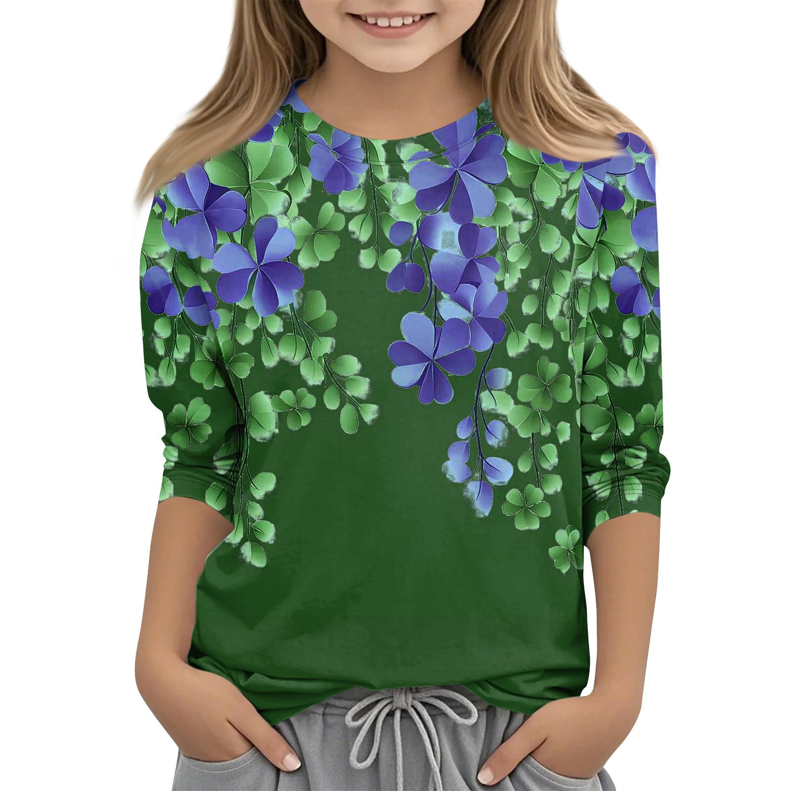 

St. Patrick s Day Print Tops For Youth Girls 4-11 Years Round Neck 3/4 Sleeves T-Shirts Trendy Tops Outfit Tees 110