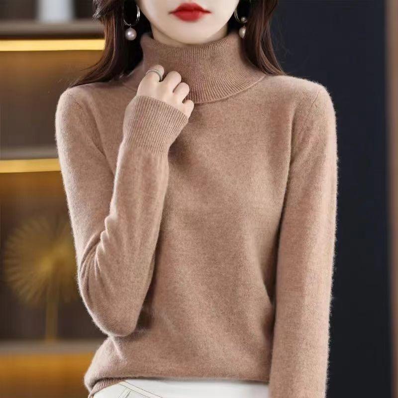 Winter Sweater Long Sleeved Knitted Sweater Solid Color Versatile Temperament Women's Base Shirt