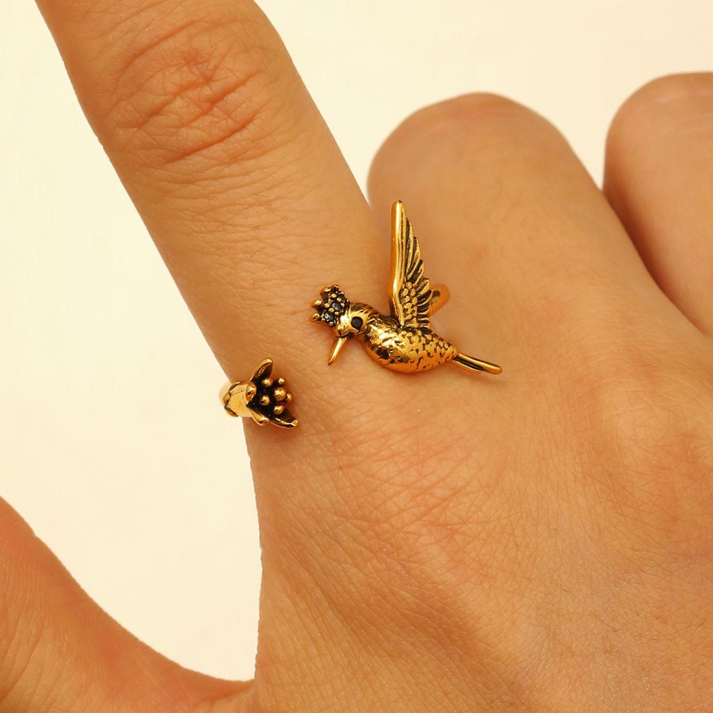 Hummingbird & Flower Open Ring Collection, Gold/Silver Tone Adjustable Gemstone Bird Rings for Women