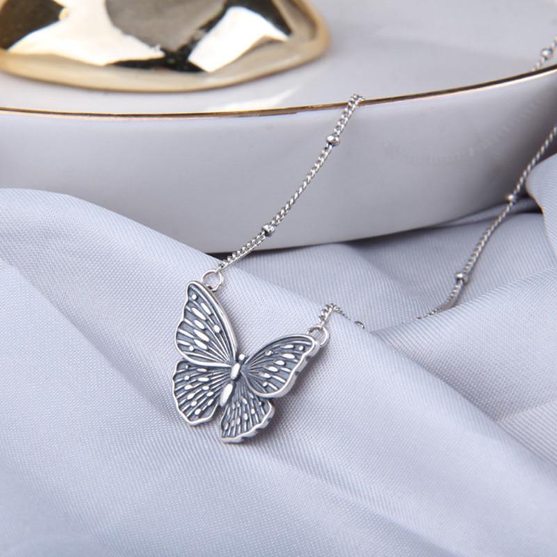 Buyee 925 Sterling Silver Female Big Pendant Chain Butterfly Simple Necklace for Women Fashion Ethnic Animal Fine Jewelry Chain