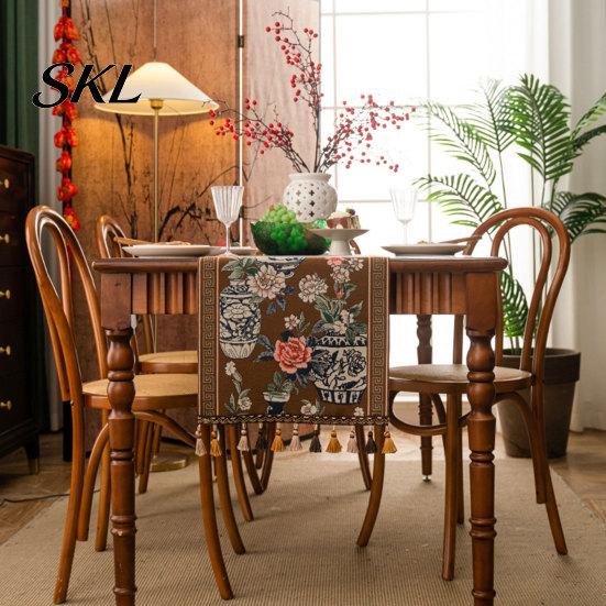 Elegant Dining Table Decor Jacquard Floral Runner, Vintage Peony Farmhouse Runner with Tassels for Home Wedding Party Tassel Edge
