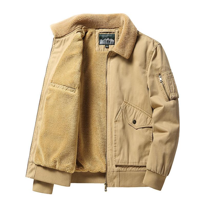 Lammwollmantel Herren Winter Revers Verdickte Arbeitskleidung Baumwolle Herren Retro Mehrfach-Taschen Plus Samt Warme Jacke
