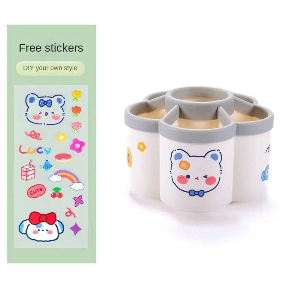 360° Rotating Pencil Organizer with Cartoon Sticker Makeup Brush Holder  School Office Supplies