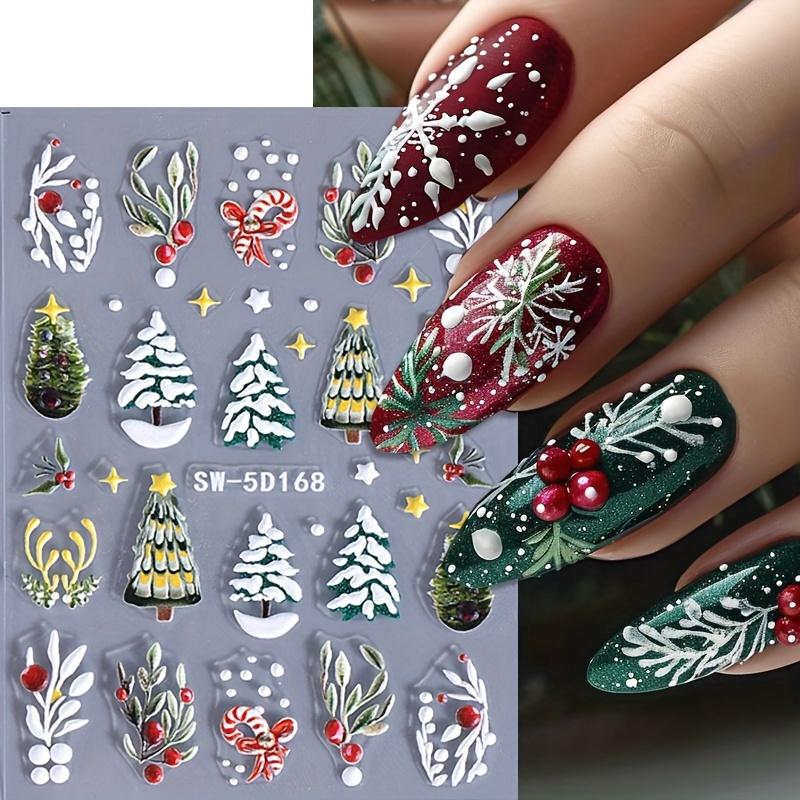 Weihnachts-Nagelkunst-Aufkleber Abziehbilder 1 Blatt, Winter Weihnachtsbaum Blätter Muster Geprägte Selbstklebende Nagelaufkleber, DIY Nagelkunst Dekoration