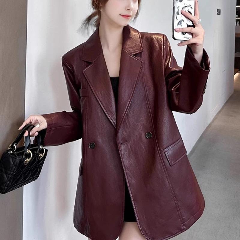 Herbst Neu Ankola Rot Retro Hochwertige Lederjacke Damen Locker Lässig und Dünn Leder Anzug Trend