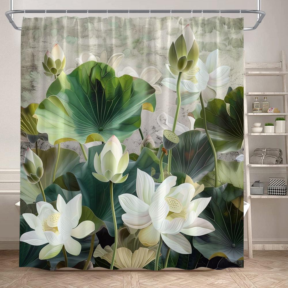 Lotus Shower Curtains White Floral Green Leaves Plant Chinese Style Art Bath Curtain Polyester Bathroom Bathtub Decor With Hooks