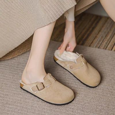 Fashion New Women's Slippers Autumn Winter Leather Round Toe Slippers Couple Slippers Outdoor Casual Keep Warm Women Suede Slides Shoes