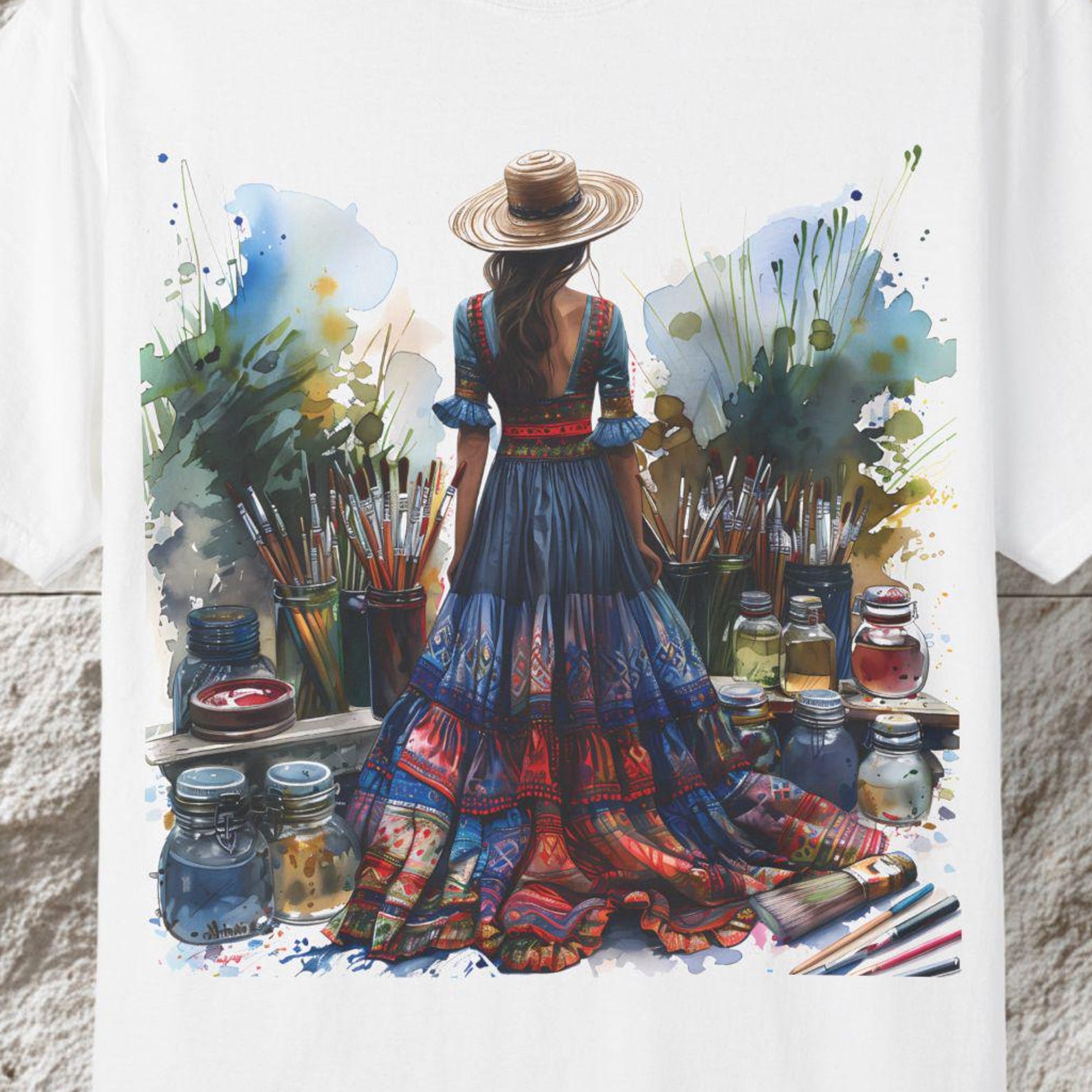 Watercolor Artist Woman T-Shirt, Boho Art Shirt L