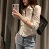 Female Korean White Office Women Chiffon Shirt Pocket Button Lapel Ladies Blouse Spring Commuter Long Sleeve Crop Tops