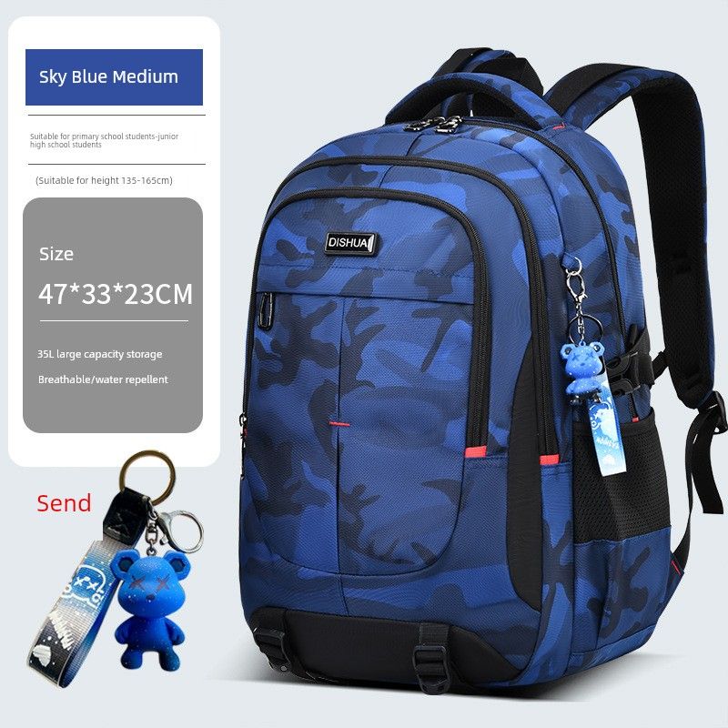 

Schoolbag Boys Junior High School Students 2025 Large Capacity Middle School Students Camouflage Waterproof Breathable Backpack Men Medium Sky Blue (Hanging Ornament)