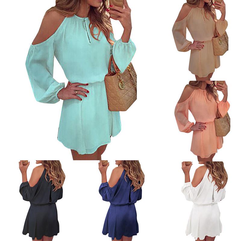 Buy Chiffon Off Shoulder Strap Long Sleeve Casual Solid Color Dress at