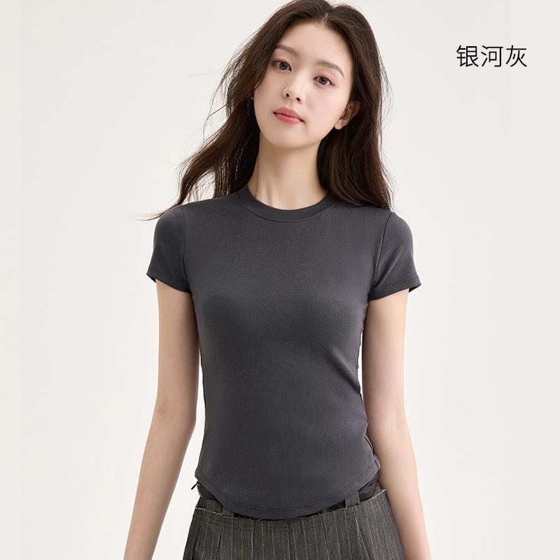 T-shirt Women's Tencel Blended Crew Neck with Chest Pad Breathable Bottom Shirt Versatile Short Sleeve Top Women's Summer