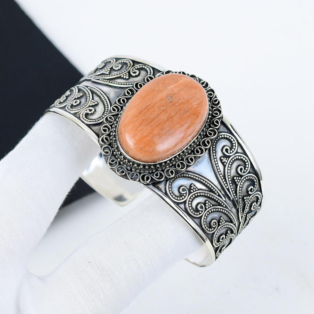 Natural Orange Aventurine Gemstone Handmade 925 Sterling Silver Cuff Bangle, Orange Aventurine Bangle,For Wife, Unisex Bangle, Gift For Mom